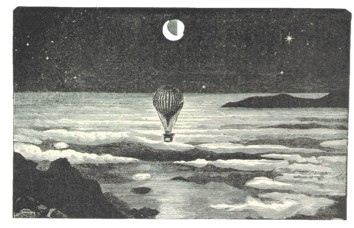 Engraving of a hot-air balloon drifting above clouds at night under a half moon
