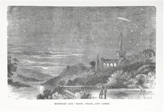 Engraving of a midnight sky over a church and river, with the moon, stars and a comet