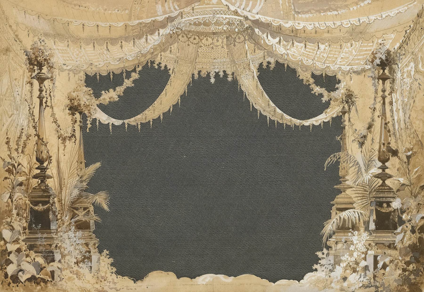 A painted theatre set design: lace canopies, garlands, palms and urns framing an empty, dark stage
